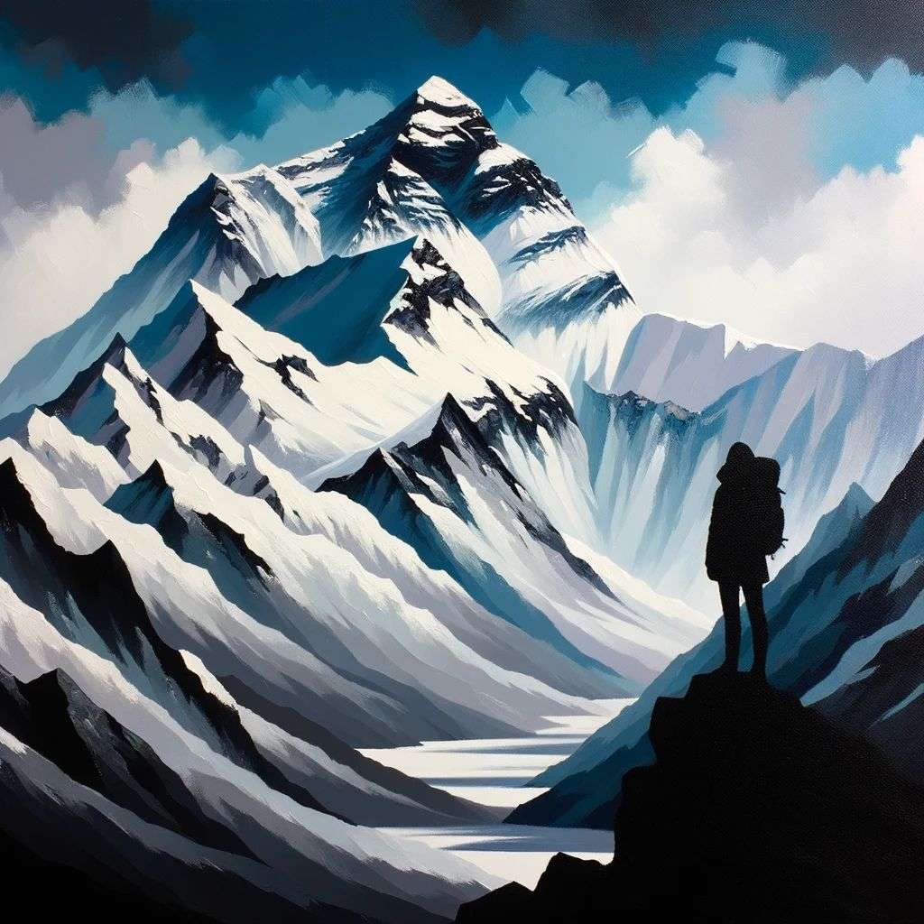 minimalist painting of someone gazing at Mount Everest in black, white, grey and blue paint on canvas